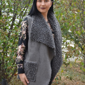 Cardigan tip vesta Xenai cu insertii de blanita pe spate,nuanta de gri inchis - Img 5