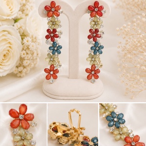 Cercei cu design floral, aplicatii din pietre semipretioase, nuante de bleumarin, marsala, portocaliu, multicolor - Img 3