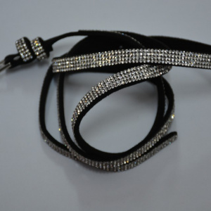 Curea ingusta de dama, material negru flexibil cu cristale argintii - Img 5