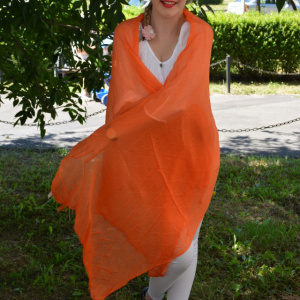 Esarfa simpla cu franjuri, de culoare portocalie, design de dungi - Img 3