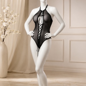 Lenjerie sexi tip corset, fara maneca si fixare cu snur, negru