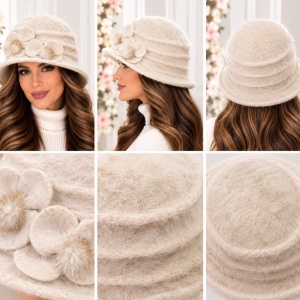 Pălărie Damă Elegantă Reglabilă – Model cu Flori Decorative, crem deschis - Img 2