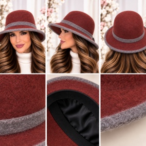 Pălărie Damă Elegantă Reglabilă din Lână, nuanta de bordo-gri - Img 2