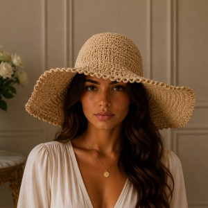 Pălărie de Damă Bej-Maro cu Boruri Largi și Detalii Elegante – Accesoriu Chic pentru Vară,