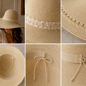 Pălărie de Damă Crem Deschis cu Boruri Largi și Detalii Elegante – Accesoriu Chic din Dantela - Img 2