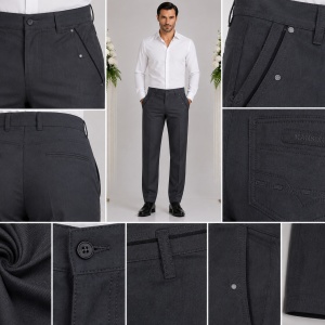 Pantalon barbati, bumbac de nuanta gri inchis, cu model de dungi - Img 3