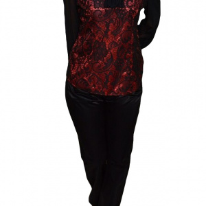 Pantalon lung, deosebit, din material cu aspect satinat, negru - Img 1