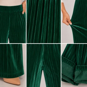 Pantaloni damă din catifea plisată verde smarald – croi drept, talie elastică - Img 3