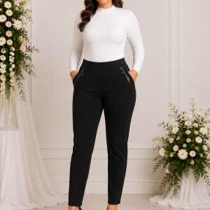 Pantaloni Damă Negri cu Buzunare Decorate și Blăniță Interioară