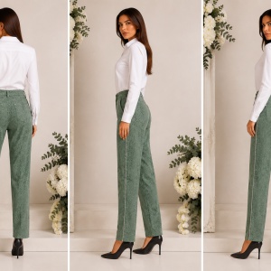 Pantaloni Damă Verde Eleganți cu Model Texturat – Bumbac Elastic, Croială Clasică - Img 2