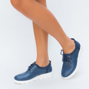 Pantof trendy cu siret si talpa usoara, din piele naturala bleumarin - Img 4