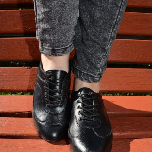 Pantof trendy cu siret si talpa usoara, din piele naturala neagra - Img 2