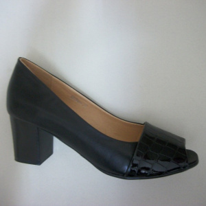 Pantofi cu toc mediu, eleganti, negri, decupati in fata, combinatie cu lac - Img 2