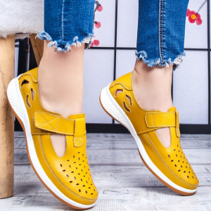 Pantofi damă galbeni din piele naturală cu perforații și închidere cu velcro - Img 2
