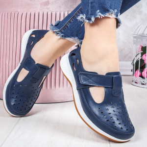 Pantofi din piele cu perforatii si talpa comoda,nuanta de bleumarin - Img 2