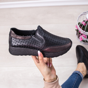 Pantofi sport damă negri din piele naturală cu perforații și talpă groasă - Img 4