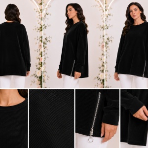 Pulover Damă Negru Oversized cu Fermoar Lateral – Textură Fin Raiată - Img 2