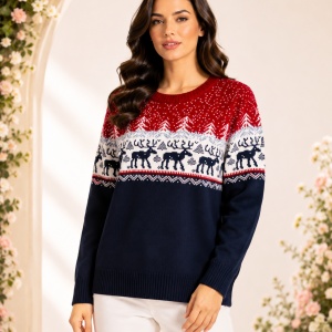 Pulover Damă Nordic cu Reni – Bleumarin, Roșu și Alb