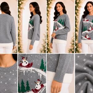 Pulover Damă Tricotat Gri cu Model de Iarnă – Oameni de Zăpadă - Img 2