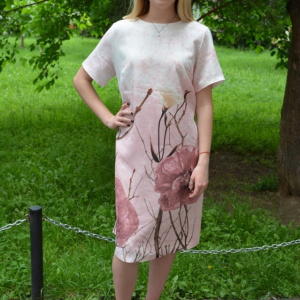 Rochie Aida de zi,design floral,nuanat alb-roz - Img 2