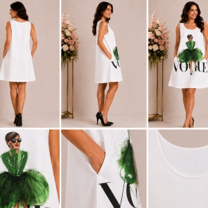 Rochie albă tip A cu imprimeu fashion 3D verde și buzunare - Img 2