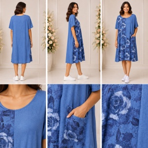 Rochie albastră din bumbac cu imprimeu floral și buzunar aplicat - Img 2