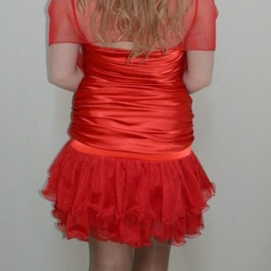 Rochie aniversara, nuanta de rosu, voal fashion aplicat - Img 6