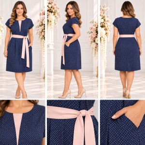 Rochie bleumarin cu buline și cordon roz pudrat – elegantă, feminină, cu buzunare - Img 2