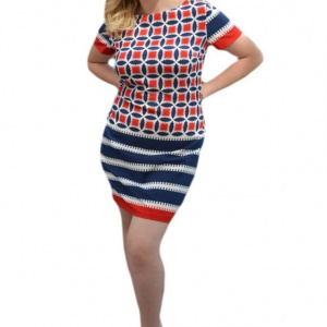 Rochie casual, cu imprimeu geometric rosu-alb-bleumarin - Img 1