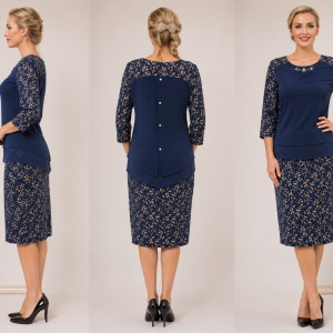 Rochie casual de culoare bleumarin cu imprimeu abstract auriu - Img 2