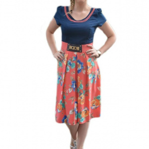 Rochie casual, de vara, culoare corai cu imprimeu de flori - Img 1