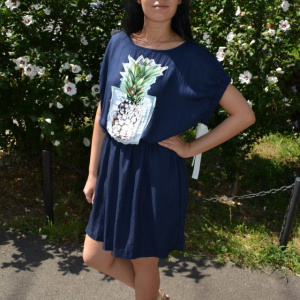 Rochie casual din in croi fronsat pe talie , nuanta de bleumarin - Img 4
