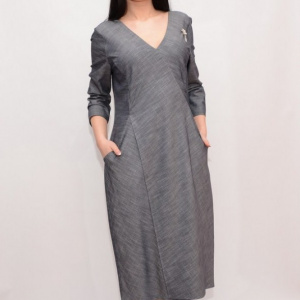 Rochie chic cu buzunare apretate si decolteu in V, nuanta de gri - Img 6