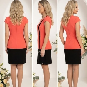 Rochie corai cu negru, cu decolteu mic, rotund, masura mare - Img 2