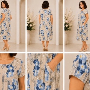 Rochie Crem cu Imprimeu Floral Albastru – Croială Lejeră și Buzunare - Img 2