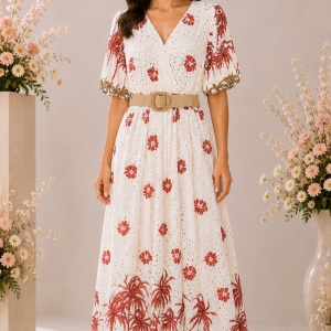 Rochie damă alb-crem din 100% bumbac, cu imprimeu tropical roșu, broderie perforată și curea bej