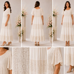 Rochie damă crem-bej cu dantelă florală și croială în volane - Img 2