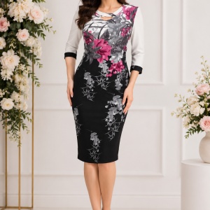 Rochie dama cu imprimeu floral,si decolteu maxi cu model,alb-negru