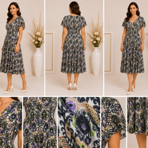 Rochie damă cu imprimeu multicolor – Decolteu în V și talie evidențiată - Img 2