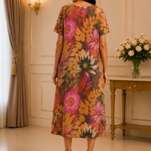 Rochie damă multicolora tonuri ruginii cu imprimeu floral și croială vaporoasă in A - Img 3
