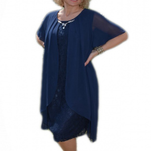 Rochie de gala din dantela si voal vaporos aplicat, bleumarin - Img 1