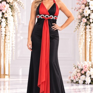 Rochie de gala eleganta, din saten negru si voal rosu, design aparte