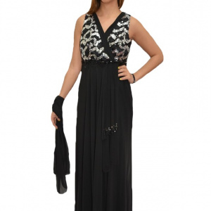 Rochie de gala lunga, cu insertii de paiete argintii, pe fond negru - Img 1