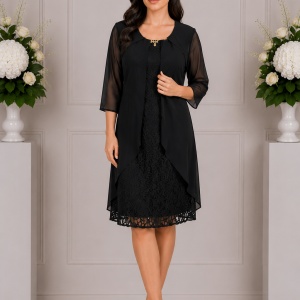 Rochie de ocazie din dantela si voal, neagra, maneca scurta