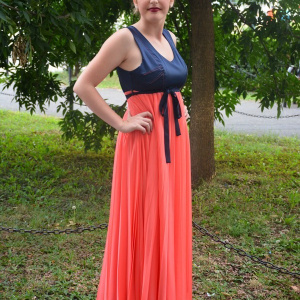 Rochie de ocazie, frumoasa, combinatie de corai cu bleumarin, lunga - Img 3
