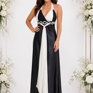 Rochie de seara cu combinatia clasica de negru-alb, cu paiete
