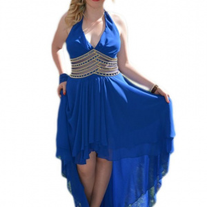 Rochie de seara lunga, albastru regal cu trena, insertii de voal si strasuri aurii - Img 1