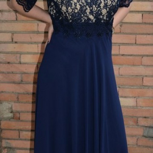 Rochie de seara lunga, masura mare, din voal si dantela bleumarin - Img 3