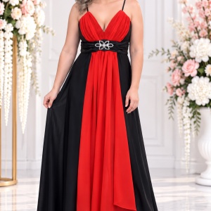 Rochie de seara lunga, neagra, din saten, cu verde sau cu rosu