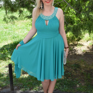 Rochie de seara masura mare, model scurt de nuanta turcoaz - Img 2